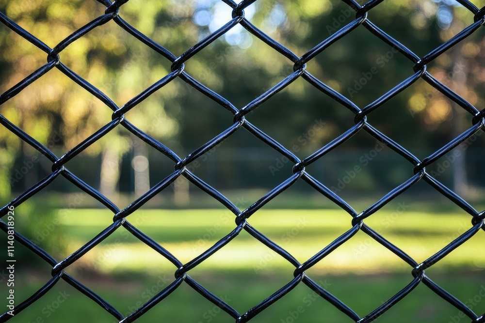Fototapeta premium Chain link fence protecting green park area during sunny day