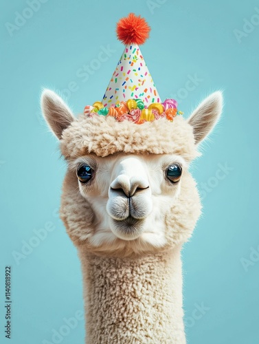 happy birthday carnival new year s eve sylvester or other festive celebration funny animals card alpaca with party hat and cupcake with candle isolated on blue background photo