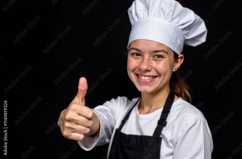 A girl in an apron and a chef's hat shows thumb up on a black background. The concept of children's cooking master classes A girl in an apron and a chef's hat shows thumb up on a black background. The concept of children's cooking master classes
