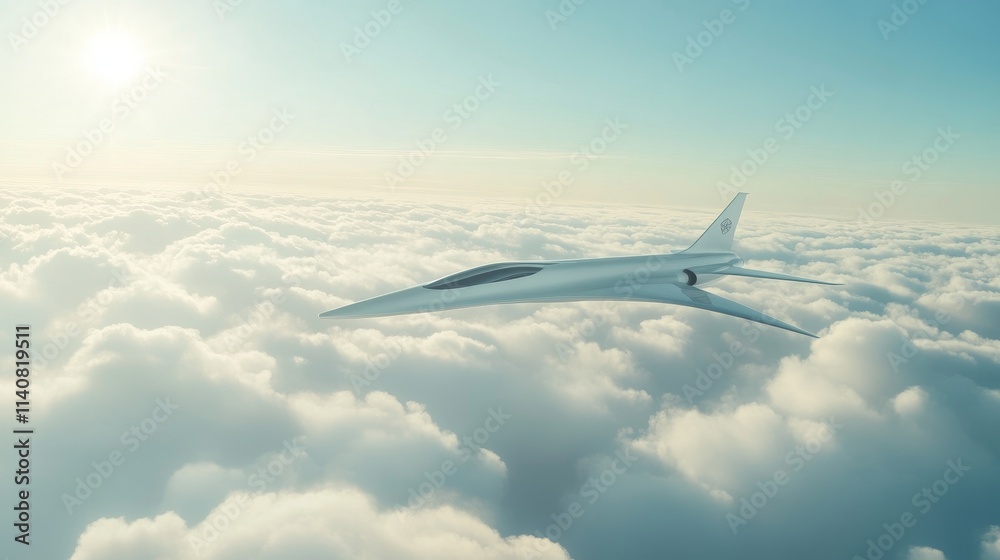 Fototapeta premium Sleek Supersonic Flight Above Clouds - Futuristic aircraft, speed, elegance, innovation, clean energy, soaring above clouds. A symbol of progress and travel.