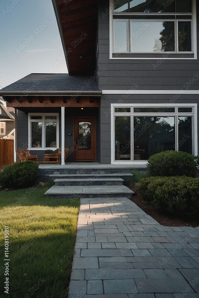 Obraz premium A modern gray house with a covered porch, stone steps, and a stone pathway. The landscaping includes neatly trimmed shrubs and a lawn. Large windows are visible on the house's facade.