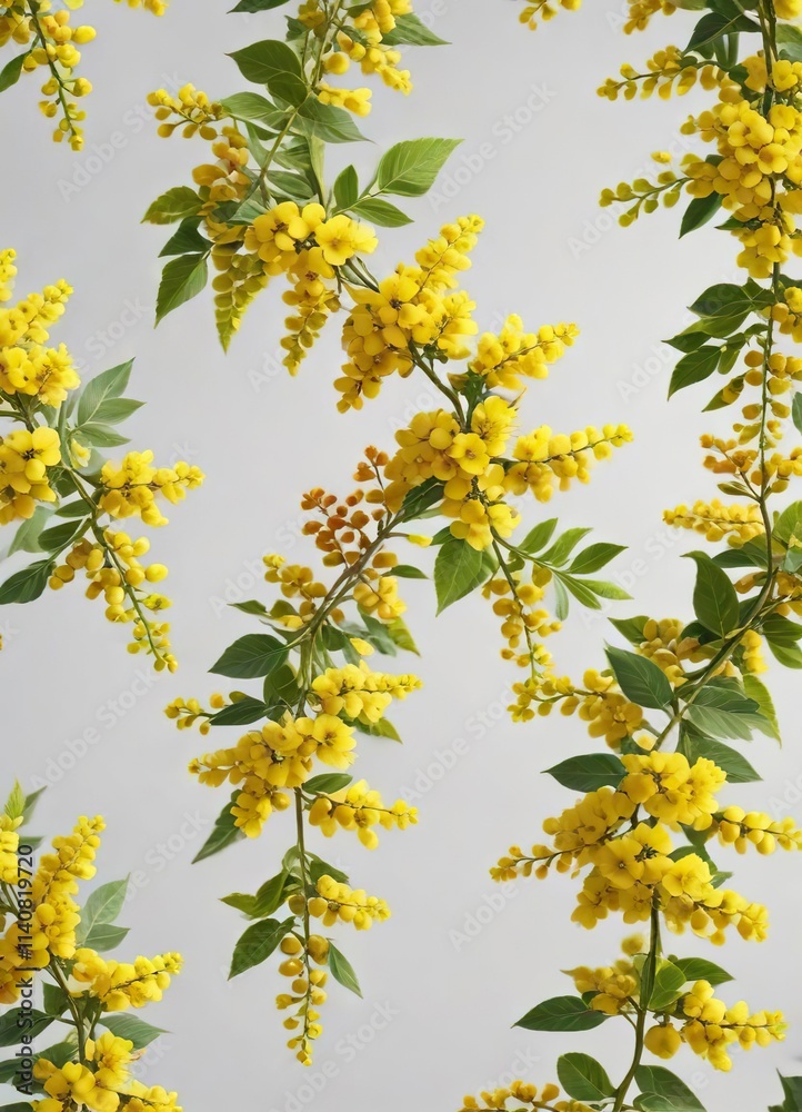 Long row of yellow flowered branches of mahonia shrub isolated on white background , botanical, shrub, twig Long row of yellow flowered branches of mahonia shrub isolated on white background , botanical, shrub, twig