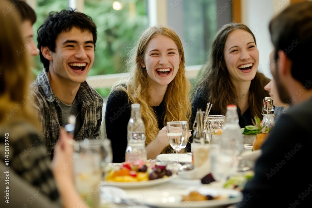 Laughing friends share a meal, happy gathering. Laughing friends share a meal, happy gathering.