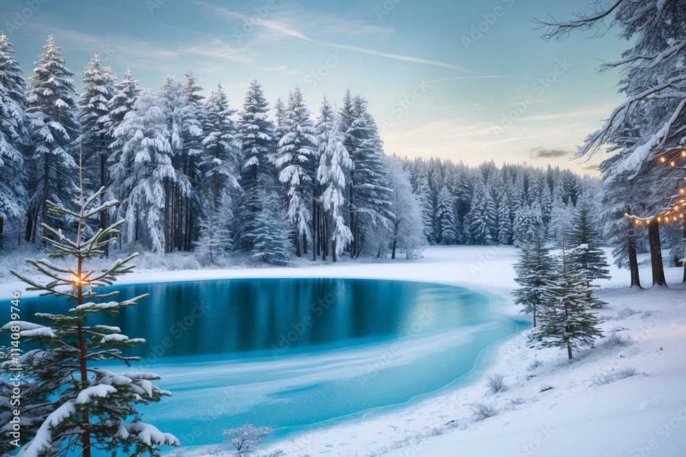 Obraz premium Snowy Christmas Winter Wallpaper, Winter Landscape background, Snowy Christmas Winter Scene Wallpaper, Festive Winter Snow Landscape Background, Christmas Village Wallpaper
