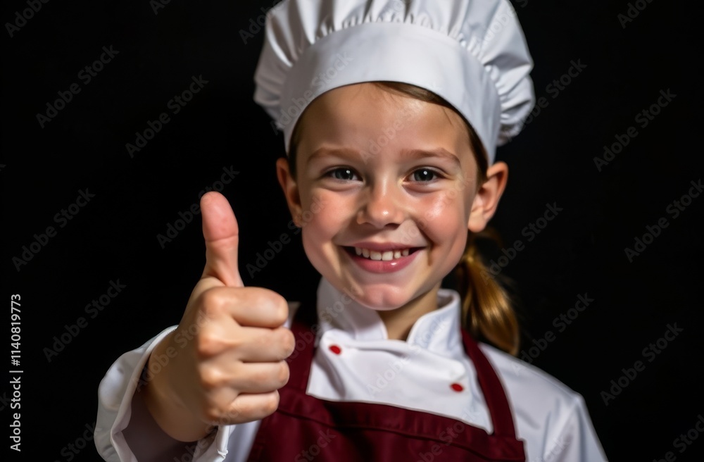 A girl in an apron and a chef's hat shows thumb up on a black background. The concept of children's cooking master classes A girl in an apron and a chef's hat shows thumb up on a black background. The concept of children's cooking master classes