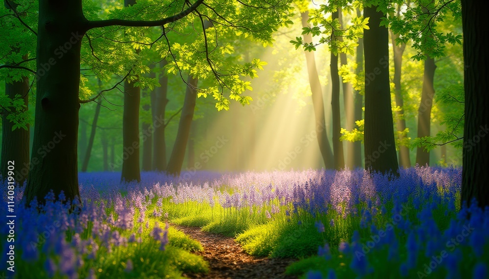 Fototapeta premium Sunlight filters through a lush forest, illuminating a carpet of vibrant bluebells on the forest floor.