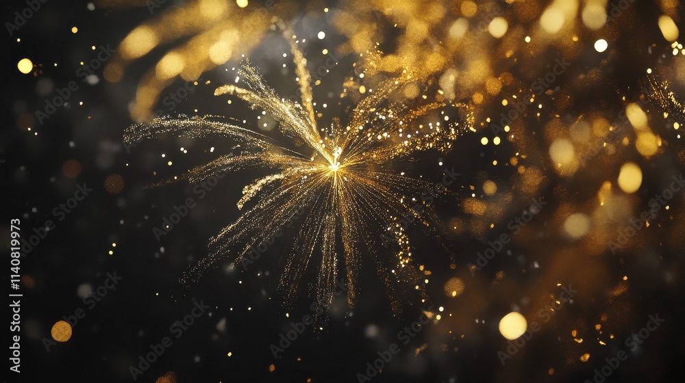 Fototapeta premium HAPPY NEW YEAR 2025 - Festive silvester New Year's Eve Party background, Golden fireworks in the dark black night