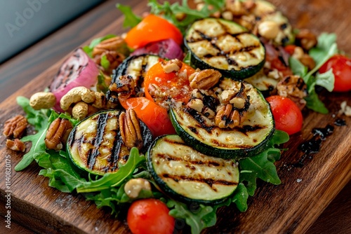 Grilled vegetable salad with nuts served on a wooden platter for a vibrant brunch experience