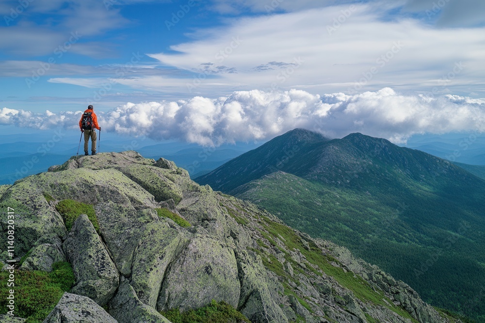 Explorer on rugged mountain peak with vast cloudy sky. Explorer on rugged mountain peak with vast cloudy sky.