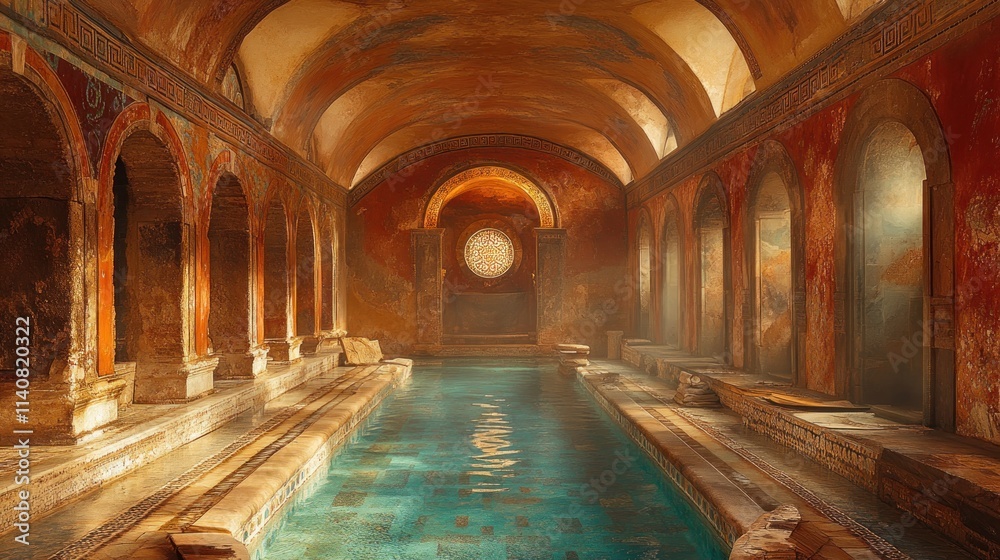 Fototapeta premium Ancient Roman bathhouse, long pool, arched ceilings.