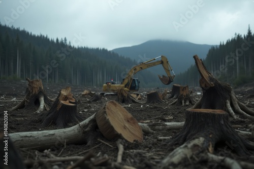 Deforestation scene with excavator in mountainous landscape under cloudy sky. photo