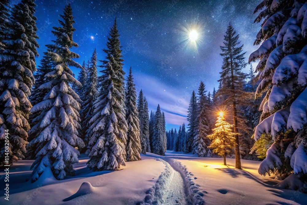 Fototapeta premium Winter Night Scene Photography: Dark Snowy Forest, Starry Sky, Rule of Thirds Composition