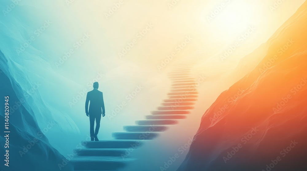 Person ascends steps between colorful mountains. Person ascends steps between colorful mountains.