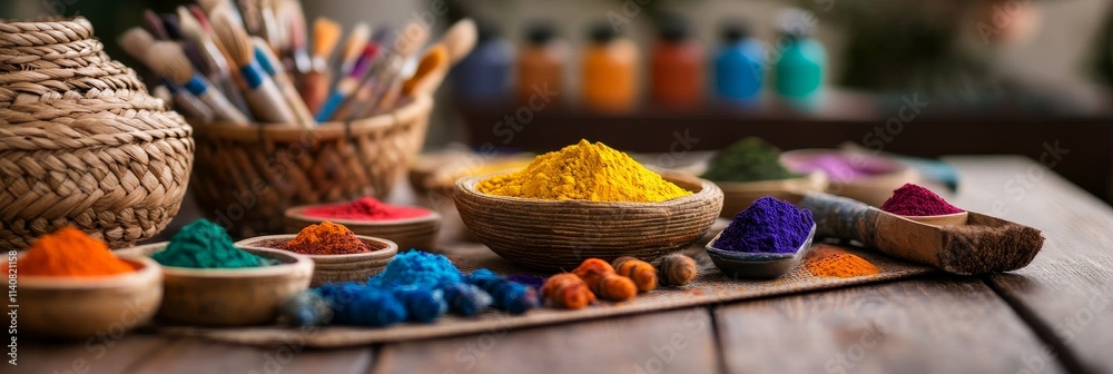 Fototapeta premium Vibrant Craft Pigments on Wooden Table - Colorful craft dyes, brushes, and wooden bowls create a vibrant scene of artistic creation. Symbolizing creativity, artistry, color, texture, and passion.