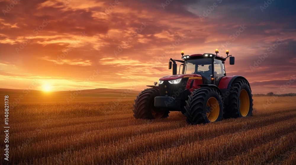 Red Tractor in Scenic Landscape at Sunset with Golden Fields and Beautiful Sky with Dramatic Clouds Red Tractor in Scenic Landscape at Sunset with Golden Fields and Beautiful Sky with Dramatic Clouds