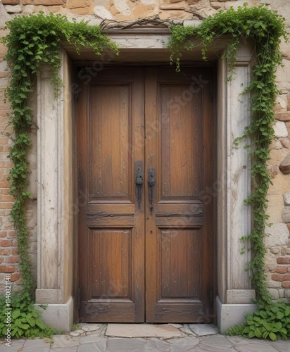 Old and weathered wooden door with vines crawling up the sides  wooden gate  overgrown garden
