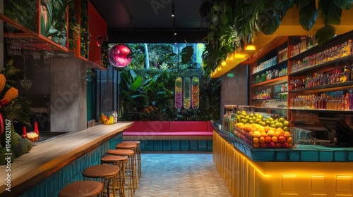 Vibrant juice bar interior with tropical decor  colorful counters  seating  and fresh fruit display.