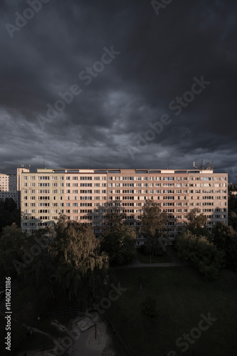 Old block of flats - apartment building made from concrete panels in communist era in eastern Europe, Prague, Czech Republic photo