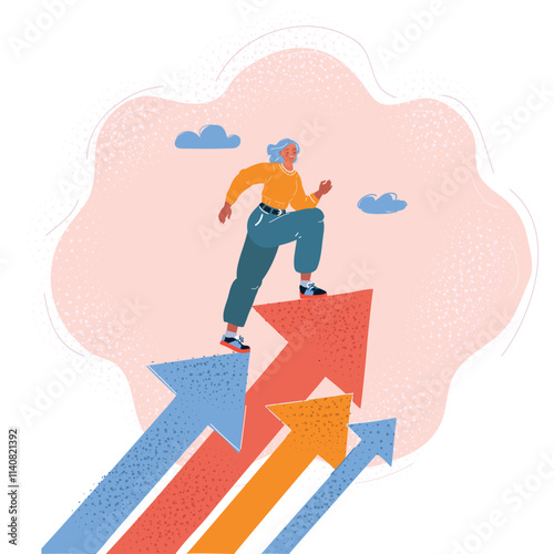 Cartoon vector illustration of woman step up on arrow. Success and leader concept.