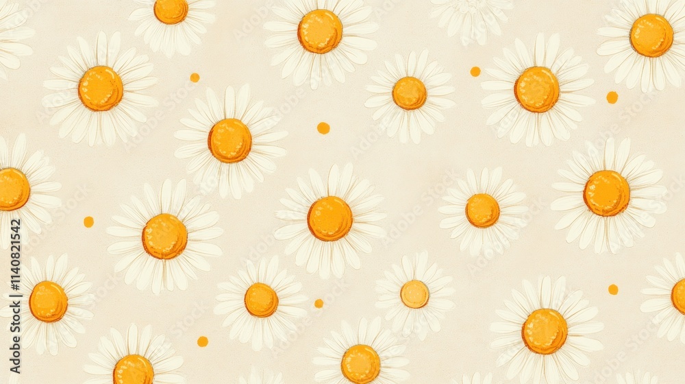 Minimal Daisy Pattern on Plain Paper Design a simple background featuring a repeating pattern of daisies with white petals and yellow centers on a plain ivory paper texture. Minimal Daisy Pattern on Plain Paper Design a simple background featuring a repeating pattern of daisies with white petals and yellow centers on a plain ivory paper texture.