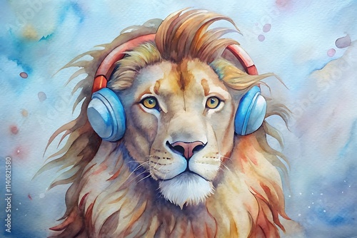 watercolor lion in headphones photo