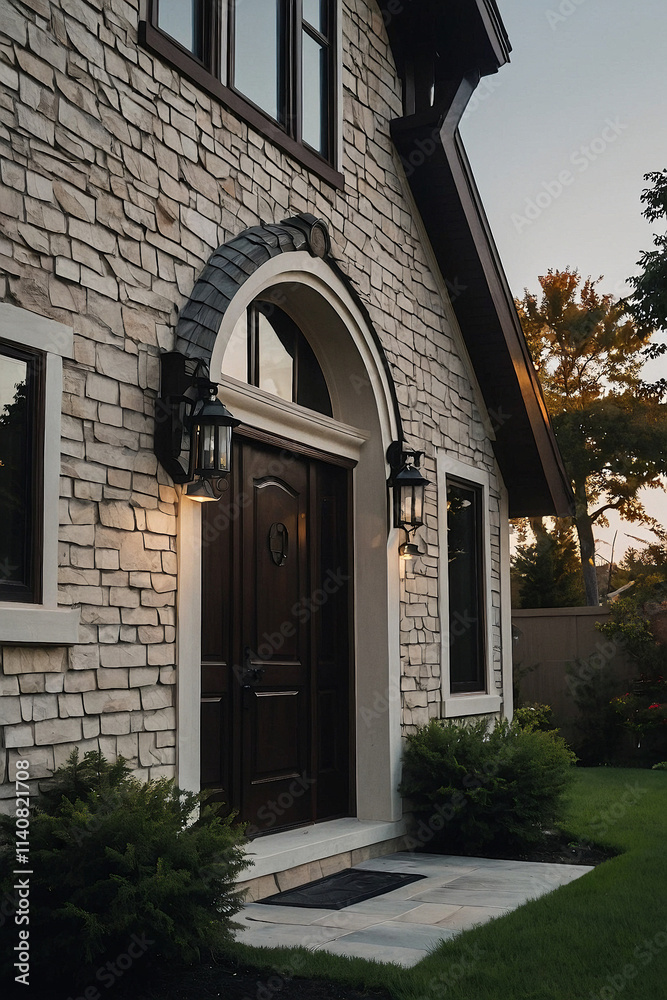 Exterior view of a house's entrance at dusk. Light beige stone facade features arched entryway with dark brown door, flanked by wall-mounted lights. Landscaping includes low shrubs. Exterior view of a house's entrance at dusk. Light beige stone facade features arched entryway with dark brown door, flanked by wall-mounted lights. Landscaping includes low shrubs.