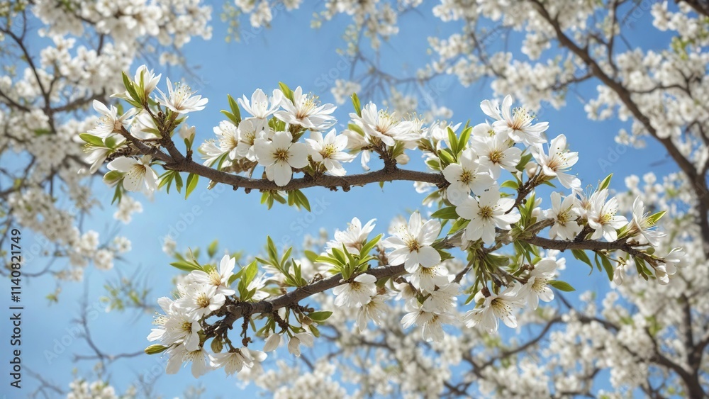 intricate network of almond tree branches with white flowers partially hidden by light and airy leaves against a hazy blue sky out of focus, nature's beauty, natural scenery, almond tree branch intricate network of almond tree branches with white flowers partially hidden by light and airy leaves against a hazy blue sky out of focus, nature's beauty, natural scenery, almond tree branch