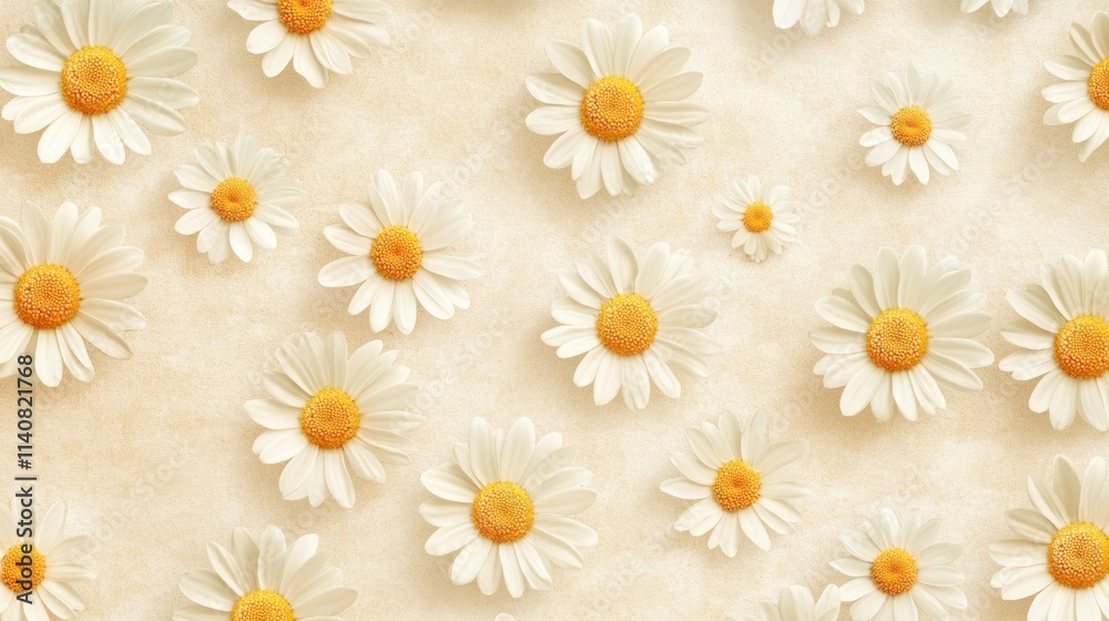 Minimal Daisy Pattern on Plain Paper Design a simple background featuring a repeating pattern of daisies with white petals and yellow centers on a plain ivory paper texture. Minimal Daisy Pattern on Plain Paper Design a simple background featuring a repeating pattern of daisies with white petals and yellow centers on a plain ivory paper texture.