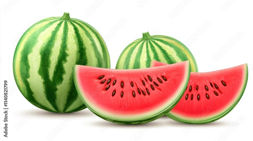 A vibrant display of watermelons, including whole fruits and sliced pieces. A vibrant display of watermelons, including whole fruits and sliced pieces.