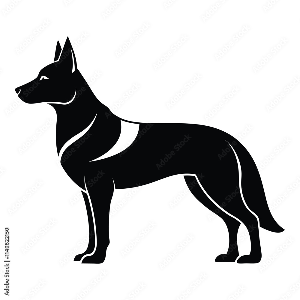 German Shepherd Silhouette Vector in a alert and guarding in a strong pose on white background German Shepherd Silhouette Vector in a alert and guarding in a strong pose on white background