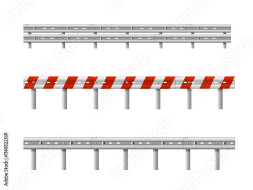 Metallic road barrier fence. 3d roadblock for safety on highway. Metallic road barrier fence. Vector