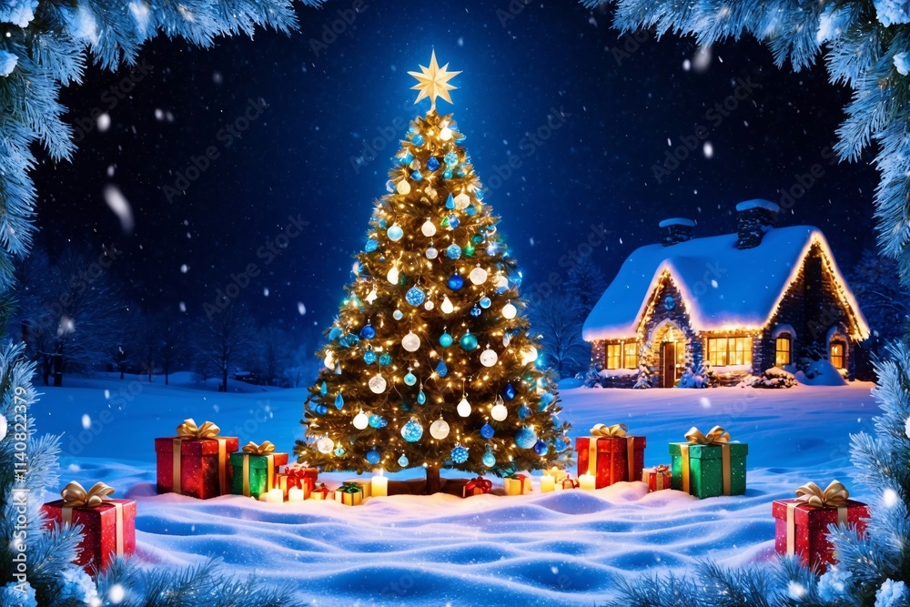 Obraz premium Magical Christmas Night Landscape with Festive Decoration, Christmas Night Wallpaper, Christmas Night Landscape Background, Christmas Wallpaper, Christmas Background