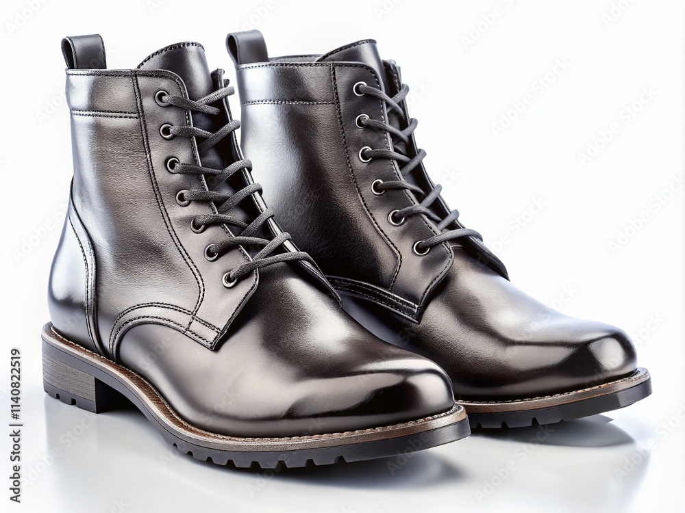 Women's Black Leather Boots, Classic Style, Isolated on White, Drone Photography, High-Res Image