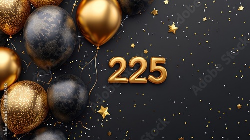 225th Anniversary Celebration: Gold and Black Balloons, Confetti, and Stars photo