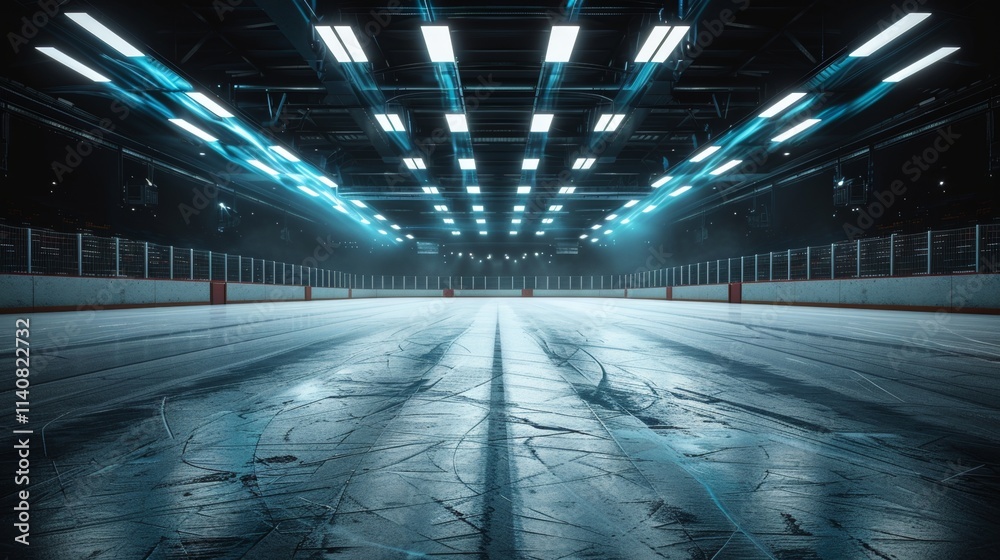 Atmospheric blue glow on ice rink creating a mystical haze for an enchanting experience Atmospheric blue glow on ice rink creating a mystical haze for an enchanting experience