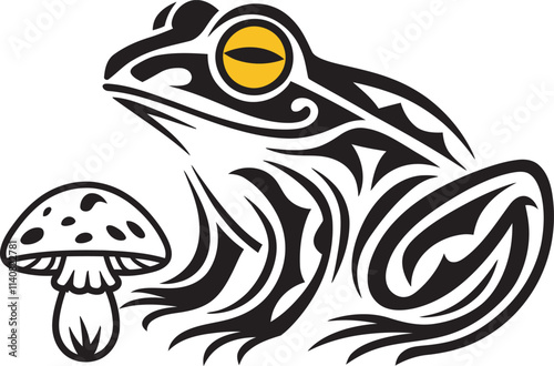 An intricate illustration of a stylized frog with a tribal or tattoo-like appearance and frog sitting near a mushroom, black and white silhouette frog vector illustration