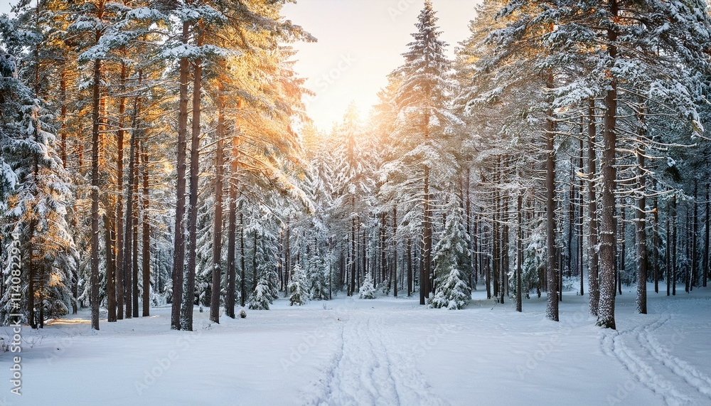 A dense pine forest blanketed in fresh snow, with soft sunlight streaming through the treetops. The undisturbed snow creates a serene and pristine winter landscape. A dense pine forest blanketed in fresh snow, with soft sunlight streaming through the treetops. The undisturbed snow creates a serene and pristine winter landscape.