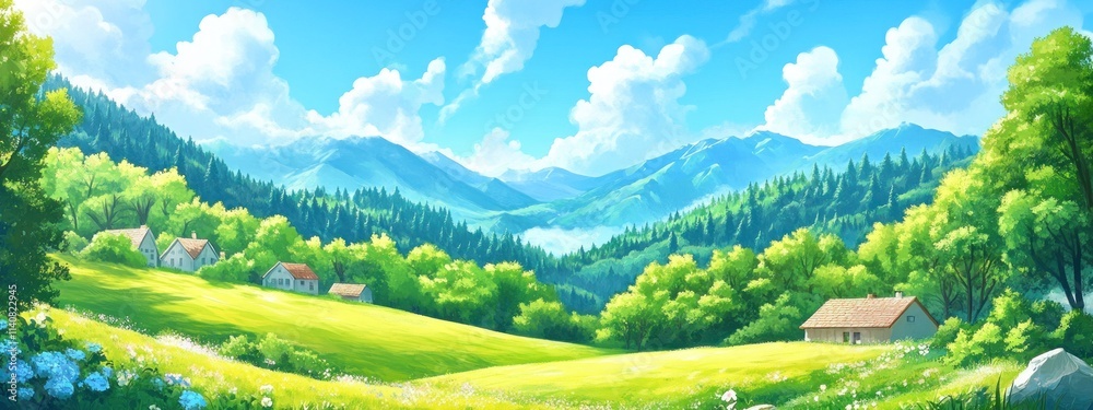 A serene landscape featuring rolling hills, green fields, and distant mountains under a blue sky. A serene landscape featuring rolling hills, green fields, and distant mountains under a blue sky.