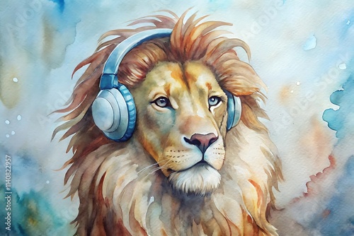 watercolor lion in headphones photo