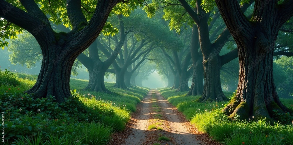 Naklejka premium Misty path unwinding through twisted cypress trees, overgrown, trees