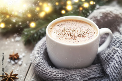 Cup of hot chocolate, a winter-themed background with Christmas lights and decorations, a close-up shot with copy space for text or design, a cozy atmosphere with a warm grey knitted scarf around it.