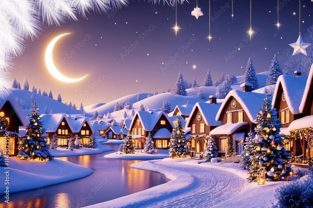 Fototapeta premium Magical Christmas Night Landscape with Festive Decoration, Christmas Night Wallpaper, Christmas Night Landscape Background, Christmas Wallpaper, Christmas Background