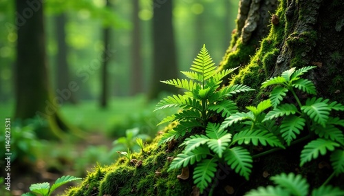 Mossy ferns clinging to ancient tree trunks in primeval forest, ferns, evergreen forest