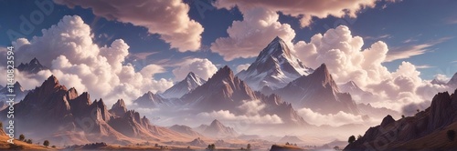 Mountainous region with a multitude of clouds, clouds, rustic charm , serene valleys