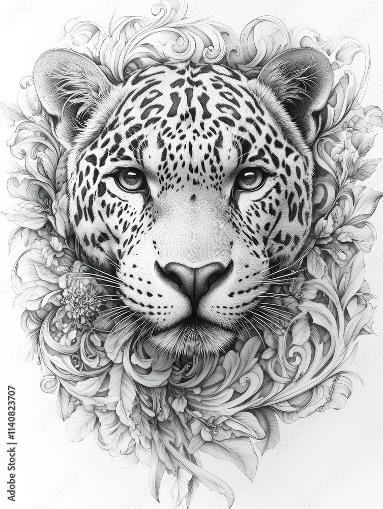 Fototapeta premium Majestic jaguar emerging from floral flourishes in black and white