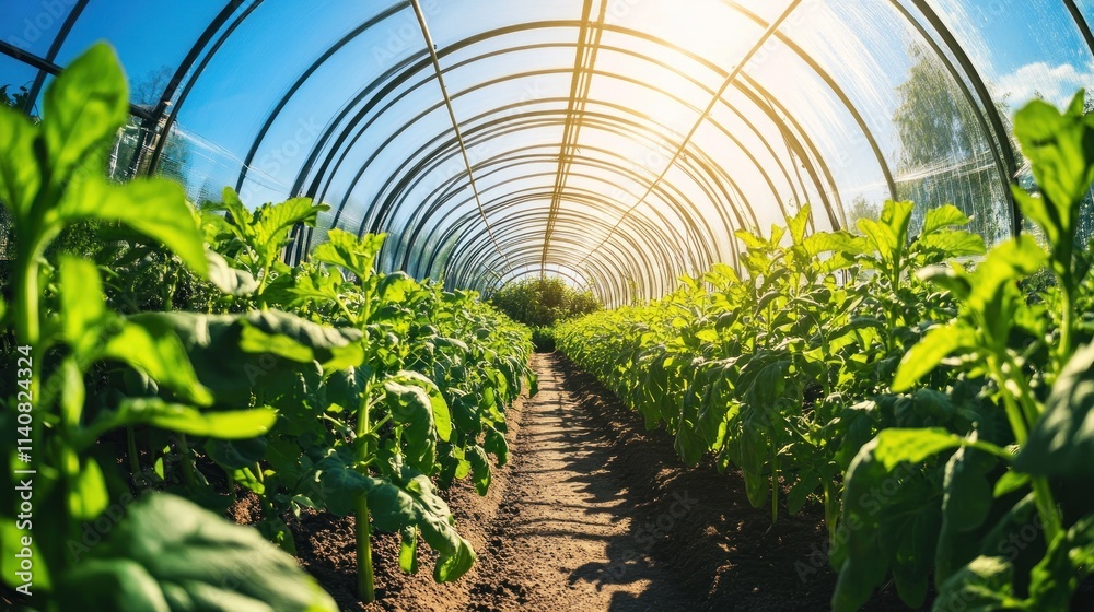 A greenhouse filled with lush green plants, showcasing agricultural growth and cultivation. A greenhouse filled with lush green plants, showcasing agricultural growth and cultivation.