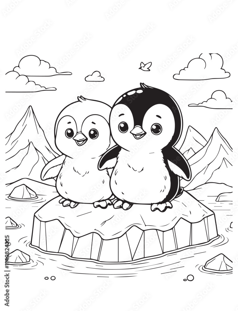 Obraz premium Coloring page education kid cute penguin in rock ice nature 