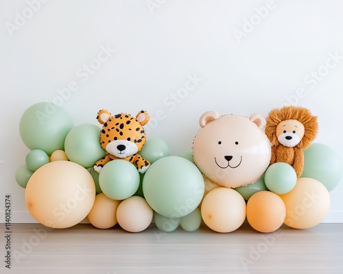 A playful arrangement of pastel-colored balloons and stuffed animal toys, featuring a tiger, bear, and lion, perfect for a child's party or nursery decor. photo