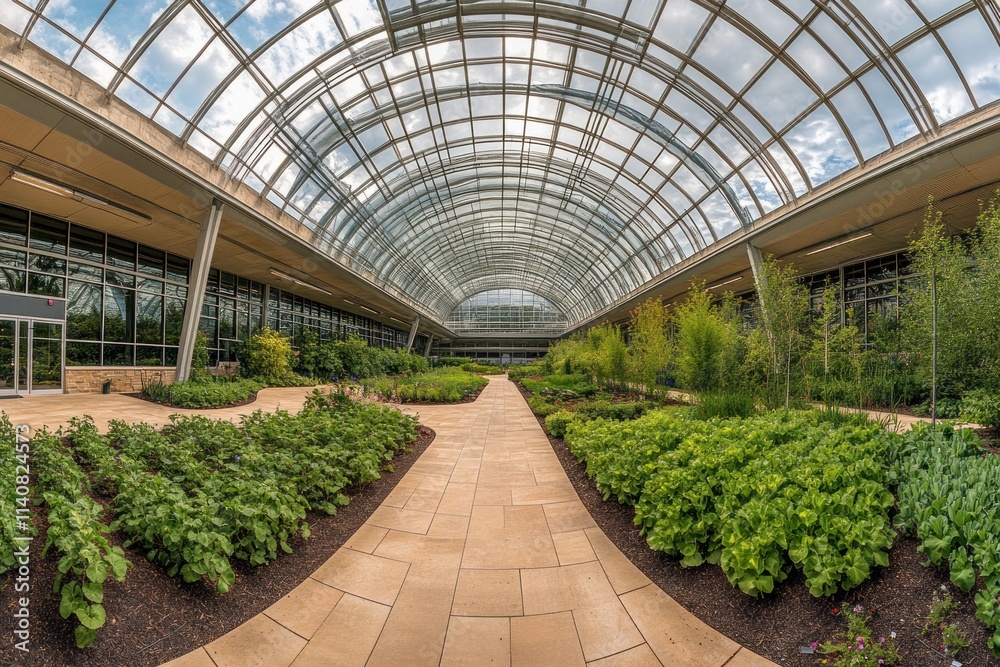 A spacious indoor garden with a glass roof, featuring pathways and lush greenery. A spacious indoor garden with a glass roof, featuring pathways and lush greenery.