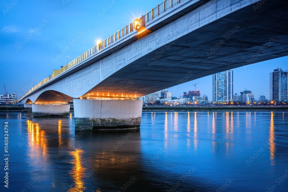 Massive concrete bridge with a modern design, crossing a wide river with city lights reflecting on the water Massive concrete bridge with a modern design, crossing a wide river with city lights reflecting on the water